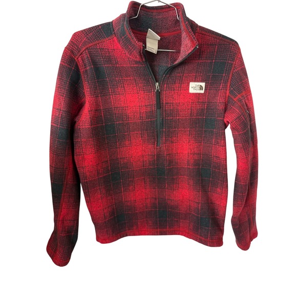 The North Face Mens‎ Fleece Pullover Red Black Plaid 1/4 Zip Medium Brown label - Picture 2 of 10